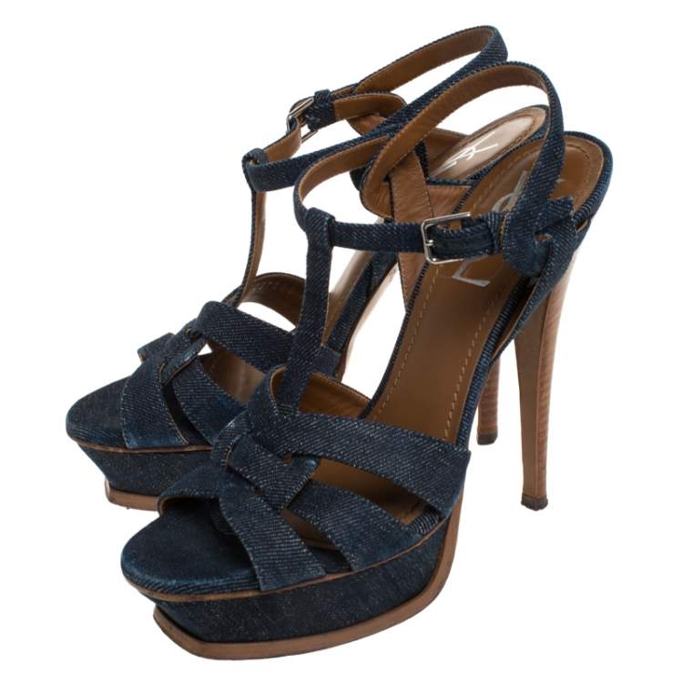 Pre Owned Saint Laurent Paris Blue Denim Tribute Platform Sandals Size 37