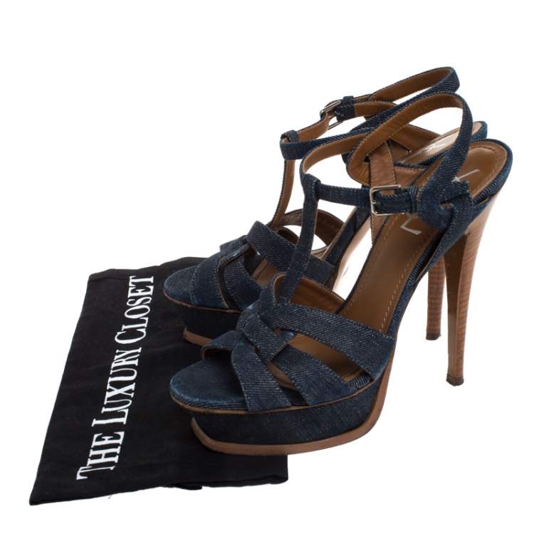 Pre Owned Saint Laurent Paris Blue Denim Tribute Platform Sandals Size 37