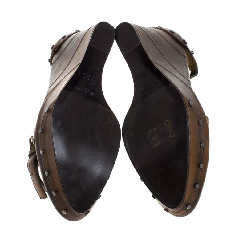 Pre Owned Saint Laurent Paris Brown Studded Leather Open Toe Platform Wedge Sandals Size 38 