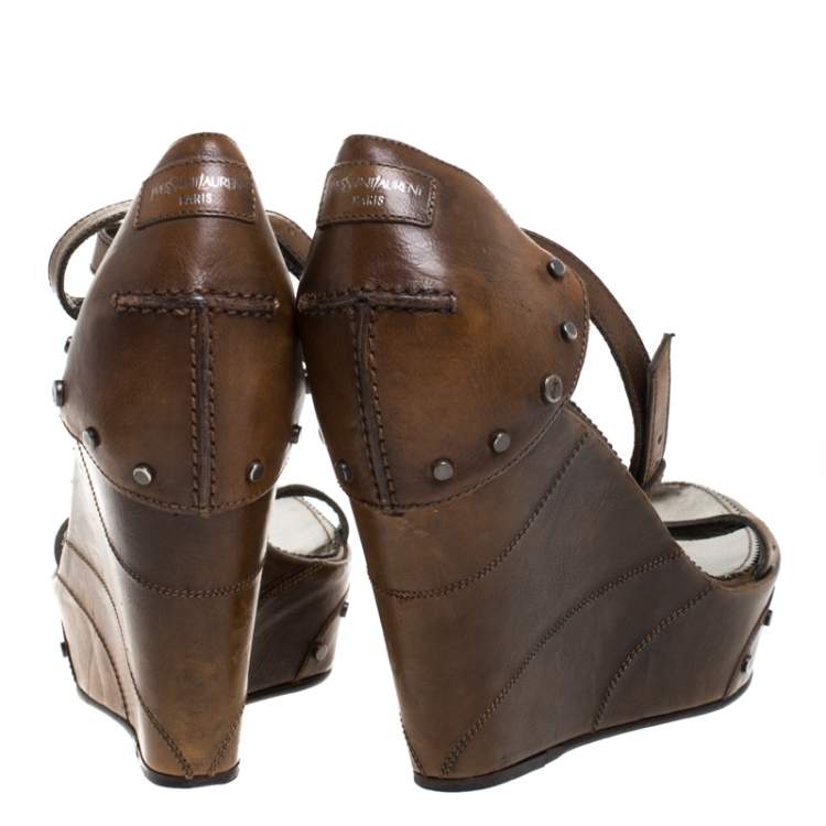Pre Owned Saint Laurent Paris Brown Studded Leather Open Toe Platform Wedge Sandals Size 38 