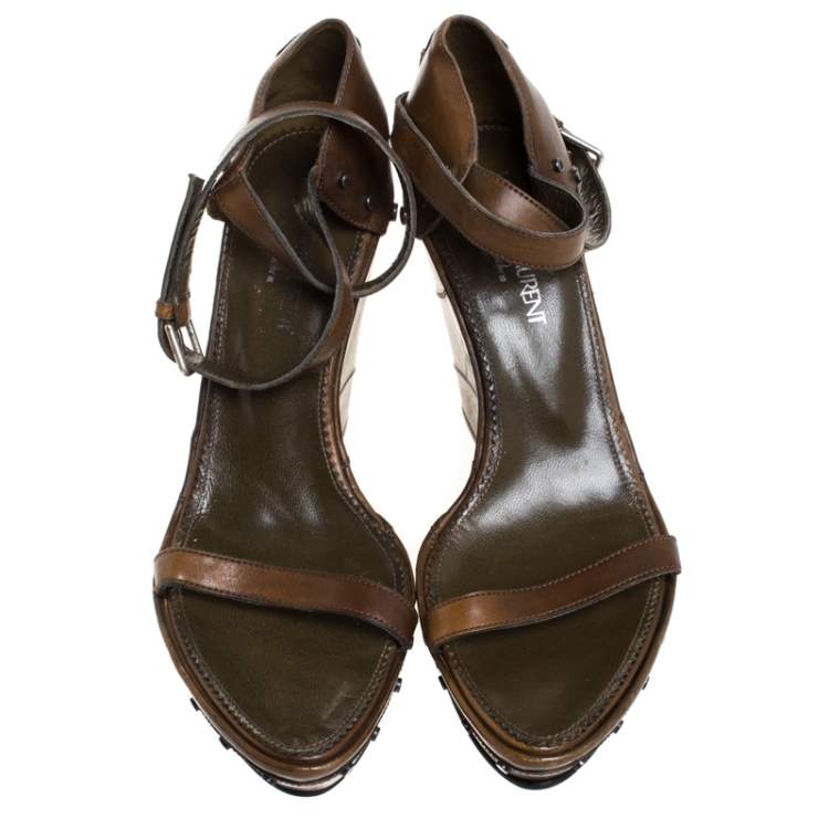 Pre Owned Saint Laurent Paris Brown Studded Leather Open Toe Platform Wedge Sandals Size 38 