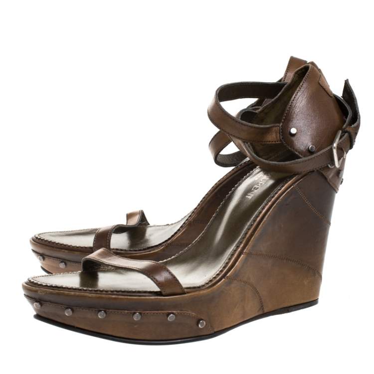 Pre Owned Saint Laurent Paris Brown Studded Leather Open Toe Platform Wedge Sandals Size 38 