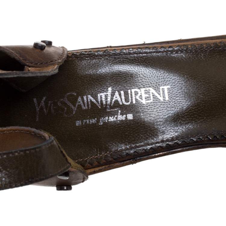 Pre Owned Saint Laurent Paris Brown Studded Leather Open Toe Platform Wedge Sandals Size 38 