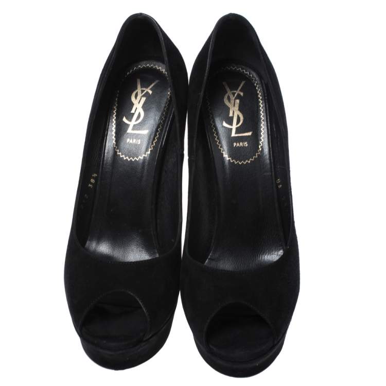 Pre Owned Yves Saint Laurent Black Suede Palais Platform Peep Toe Pumps Size 38.5