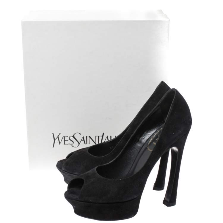 Pre Owned Yves Saint Laurent Black Suede Palais Platform Peep Toe Pumps Size 38.5