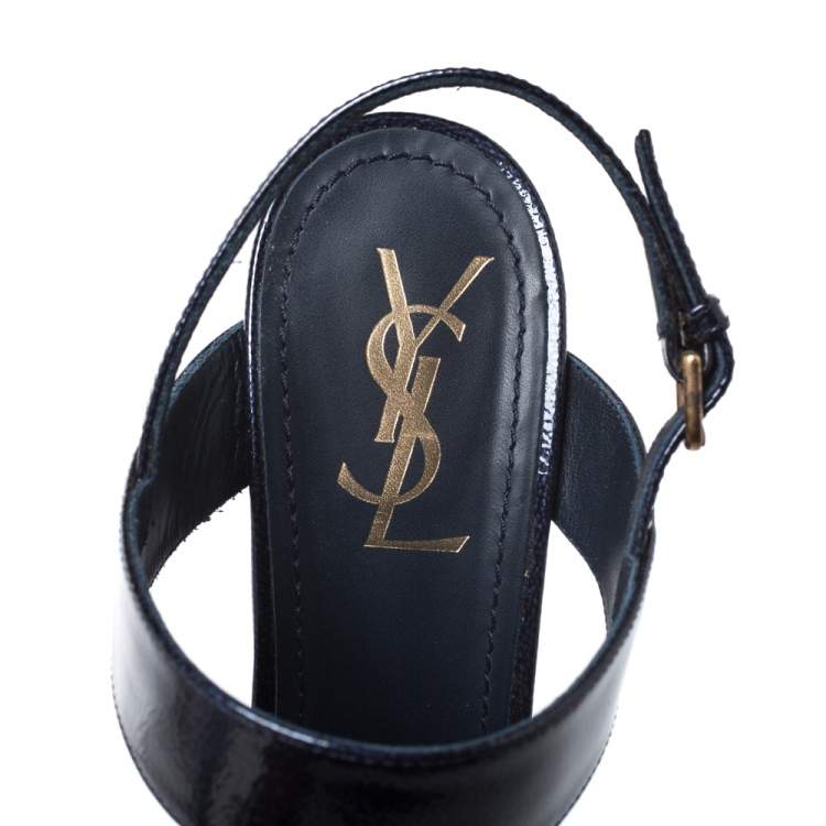 Pre Owned Saint Laurent Blue Patent Leather Ankle Strap Sandals Size 41