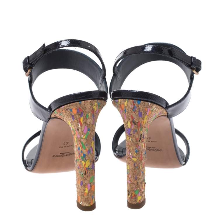 Pre Owned Saint Laurent Blue Patent Leather Ankle Strap Sandals Size 41