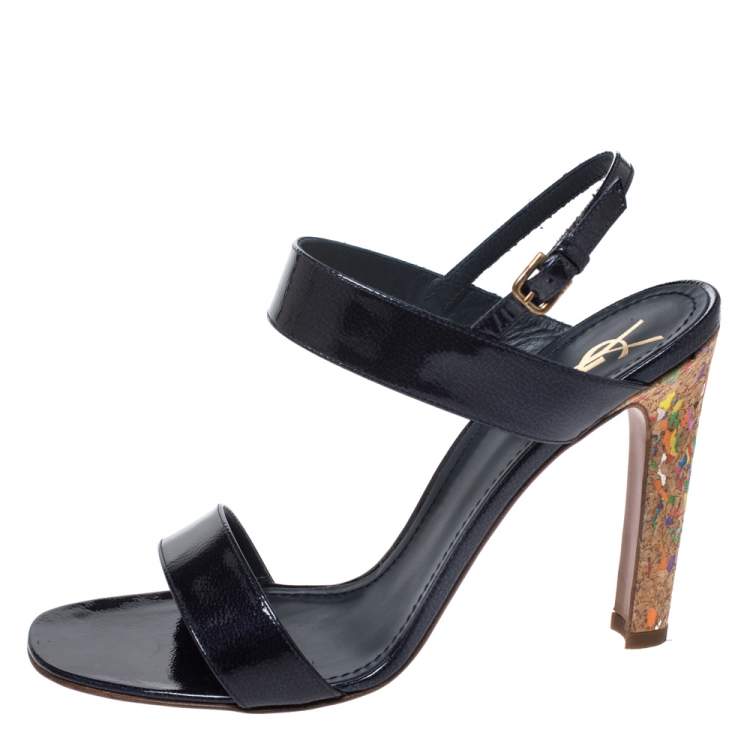 Pre Owned Saint Laurent Blue Patent Leather Ankle Strap Sandals Size 41