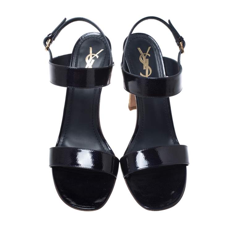 Pre Owned Saint Laurent Blue Patent Leather Ankle Strap Sandals Size 41