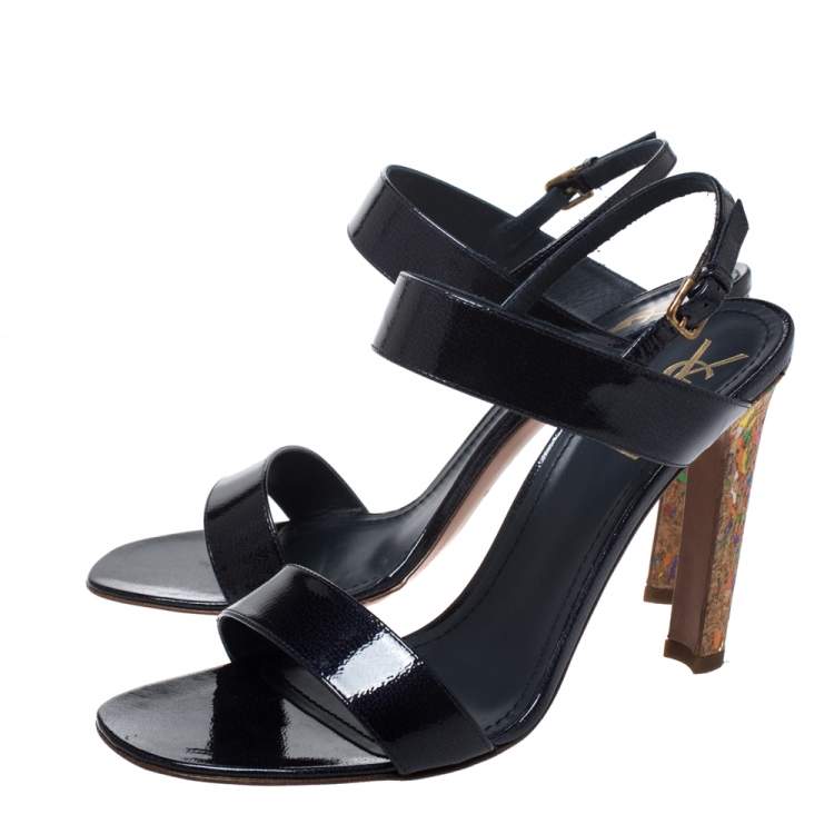 Pre Owned Saint Laurent Blue Patent Leather Ankle Strap Sandals Size 41