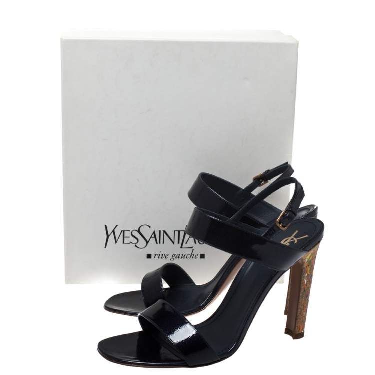 Pre Owned Saint Laurent Blue Patent Leather Ankle Strap Sandals Size 41