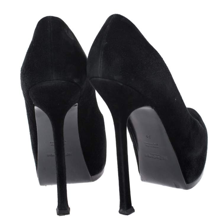 Pre Owned Saint Laurent Black Suede Tribtoo Platform Pumps Size 36