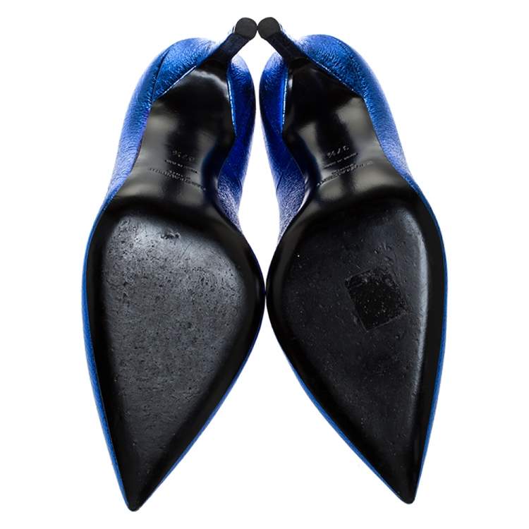 Pre Owned Saint Laurent Paris Blue Foil Leather Pointed Toe Pumps Size 37.5