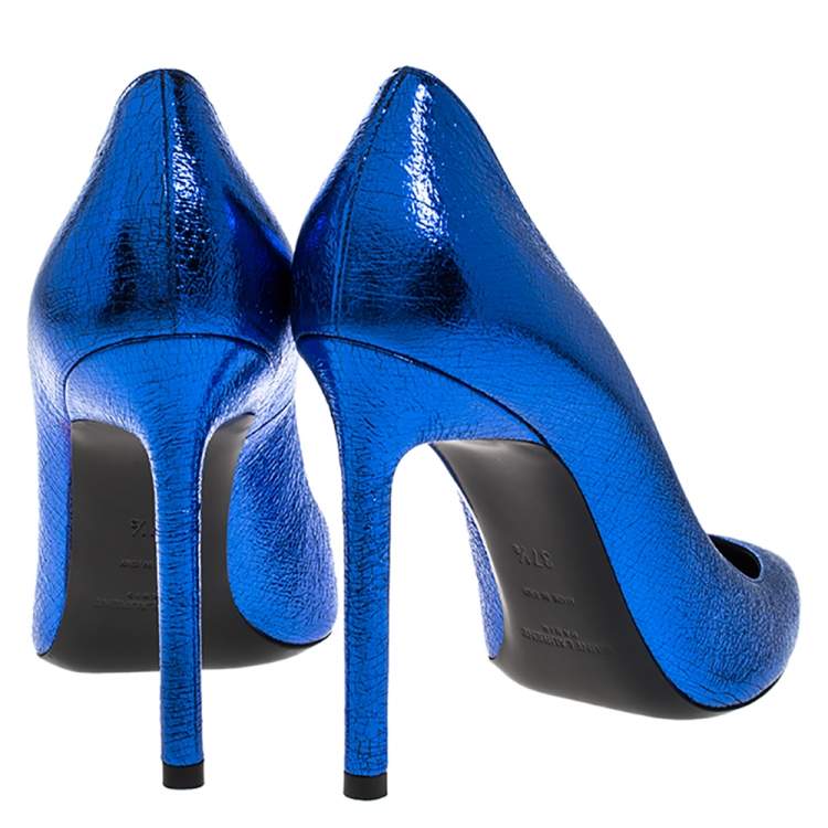 Pre Owned Saint Laurent Paris Blue Foil Leather Pointed Toe Pumps Size 37.5