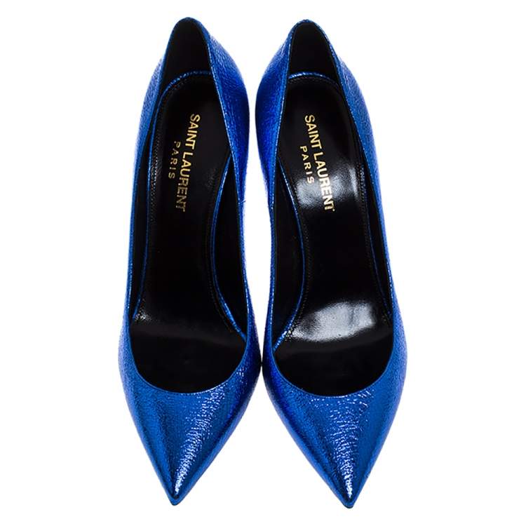 Pre Owned Saint Laurent Paris Blue Foil Leather Pointed Toe Pumps Size 37.5