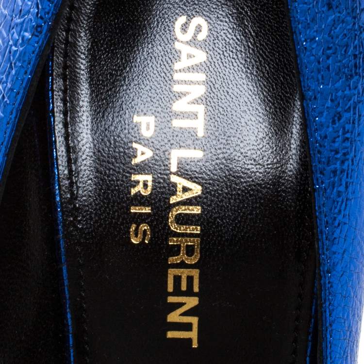 Pre Owned Saint Laurent Paris Blue Foil Leather Pointed Toe Pumps Size 37.5