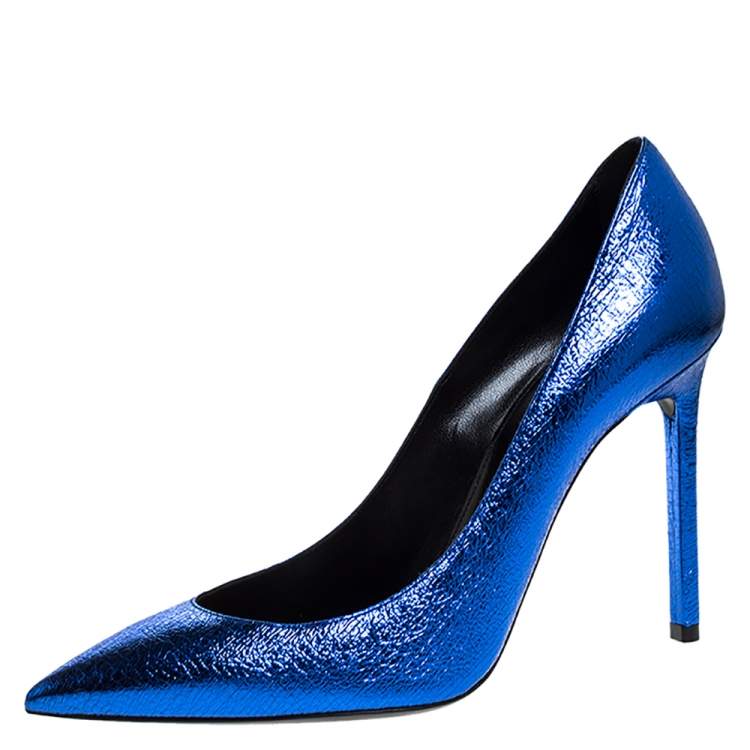 Pre Owned Saint Laurent Paris Blue Foil Leather Pointed Toe Pumps Size 37.5