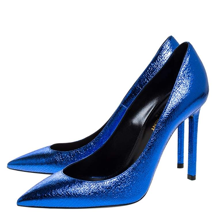 Pre Owned Saint Laurent Paris Blue Foil Leather Pointed Toe Pumps Size 37.5