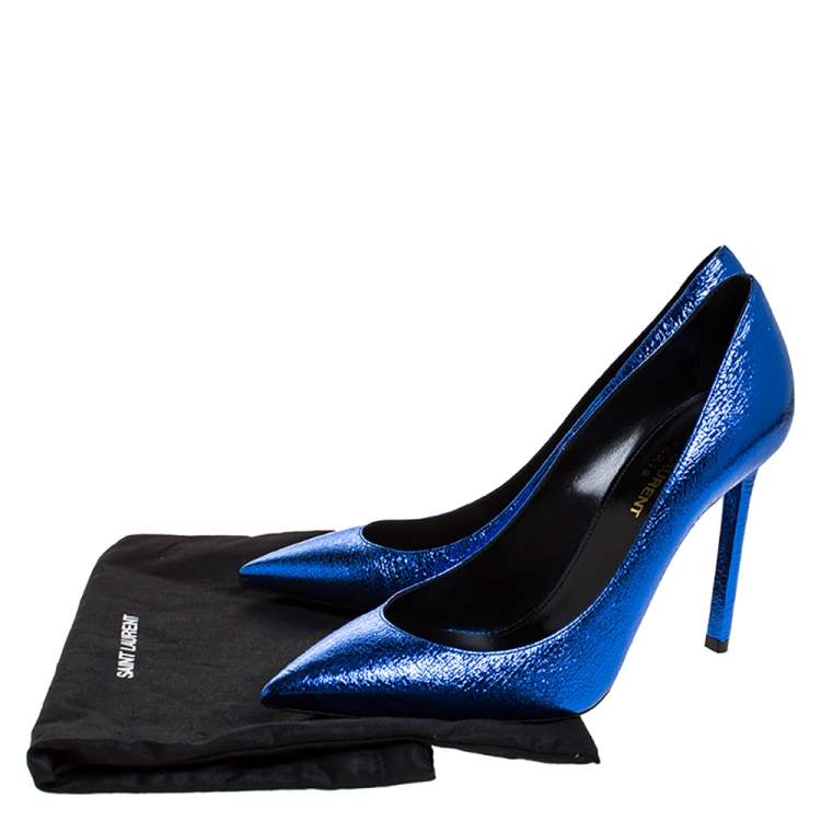 Pre Owned Saint Laurent Paris Blue Foil Leather Pointed Toe Pumps Size 37.5