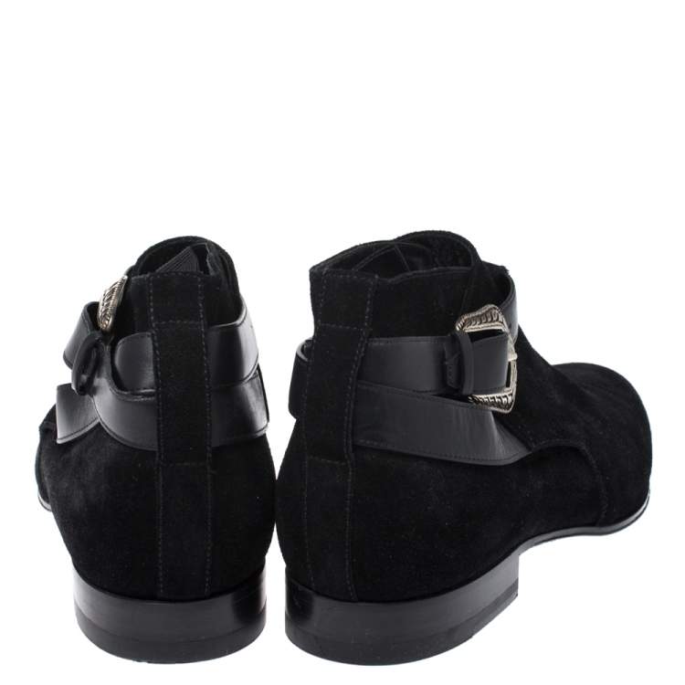 Pre Owned Saint Laurent Paris Black Suede Engraved Buckle Ankle Boots Size 41