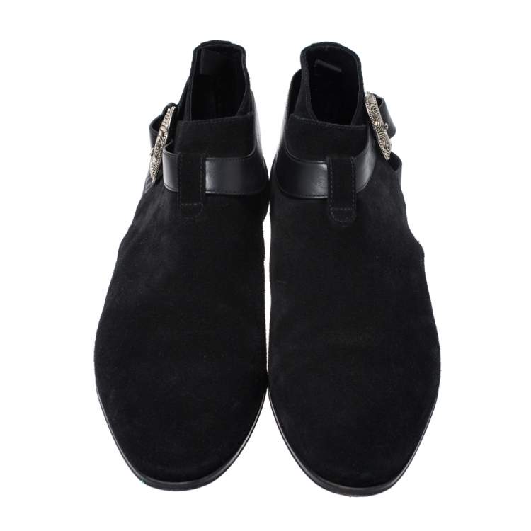 Pre Owned Saint Laurent Paris Black Suede Engraved Buckle Ankle Boots Size 41