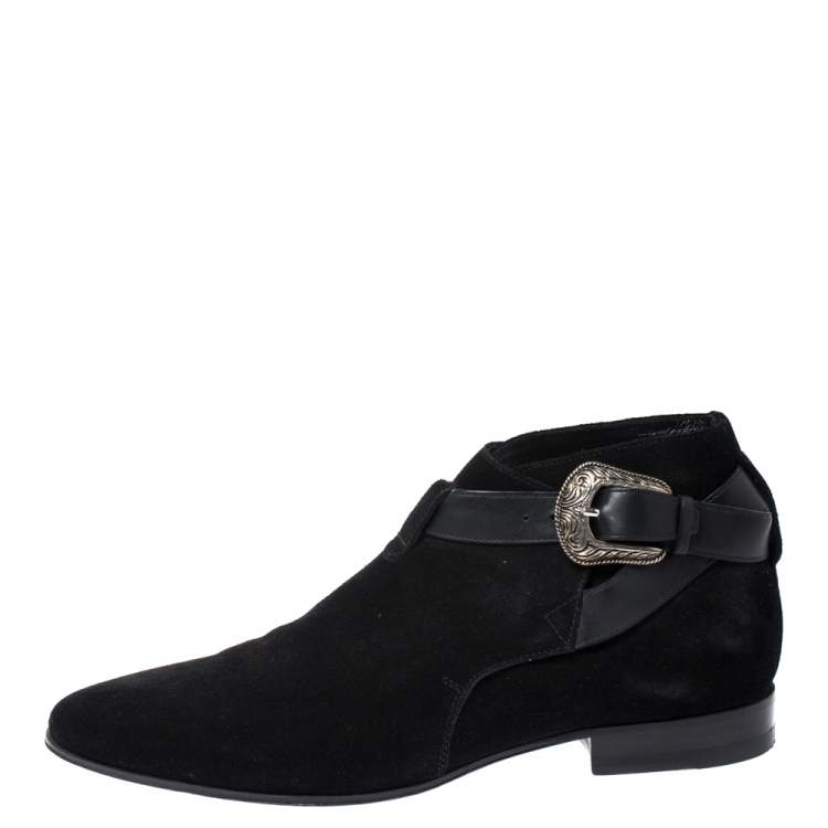 Pre Owned Saint Laurent Paris Black Suede Engraved Buckle Ankle Boots Size 41
