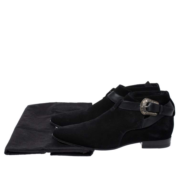 Pre Owned Saint Laurent Paris Black Suede Engraved Buckle Ankle Boots Size 41