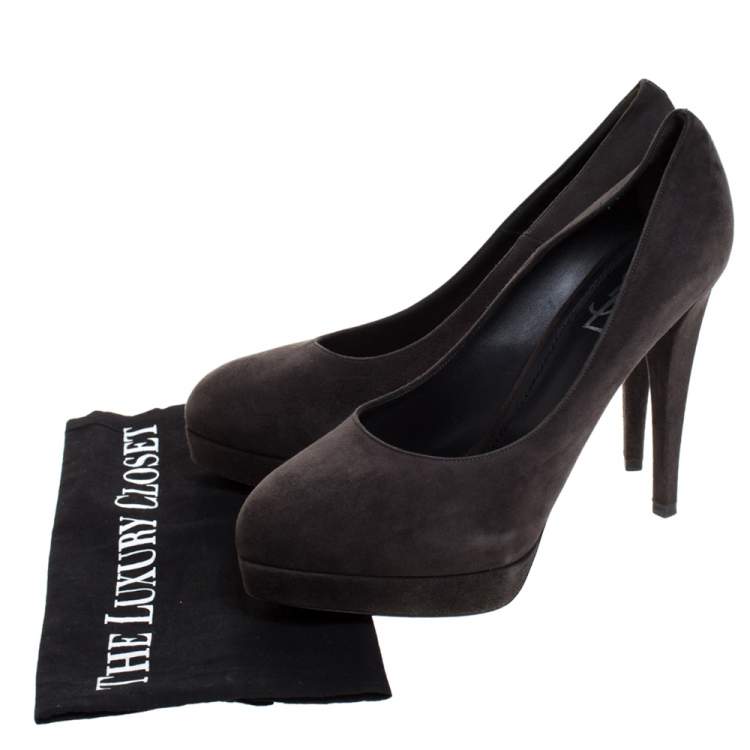 مملوكة مسبقًا Saint Laurent Paris Dark Grey Suede Leather Platform Pumps 40.5