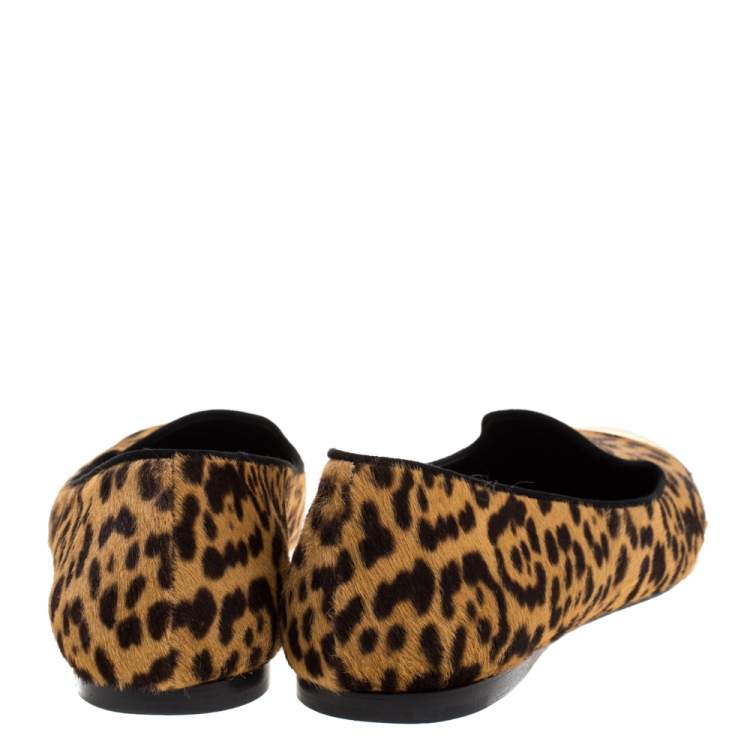 Pre Owned Saint Laurent Leopard Print Pony Hair Metal Cap Toe Smoking Slipper Size 40