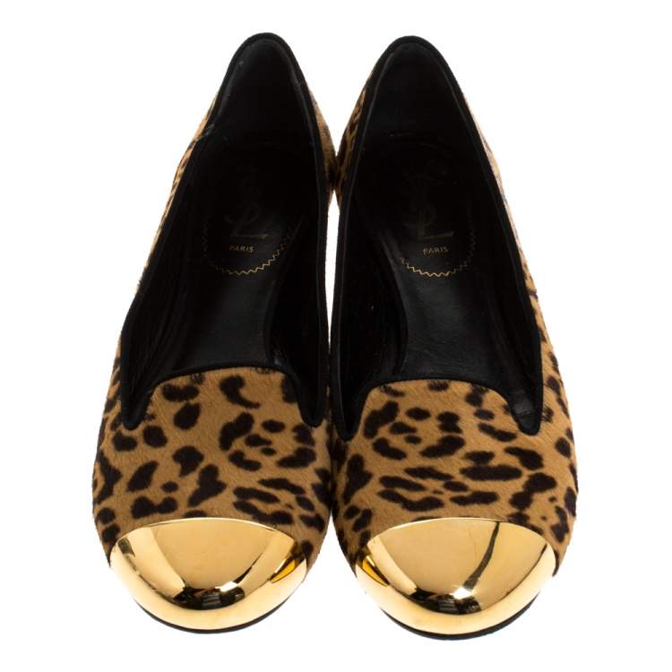 Pre Owned Saint Laurent Leopard Print Pony Hair Metal Cap Toe Smoking Slipper Size 40