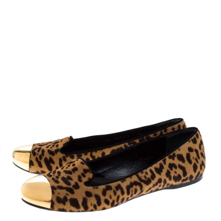 Pre Owned Saint Laurent Leopard Print Pony Hair Metal Cap Toe Smoking Slipper Size 40