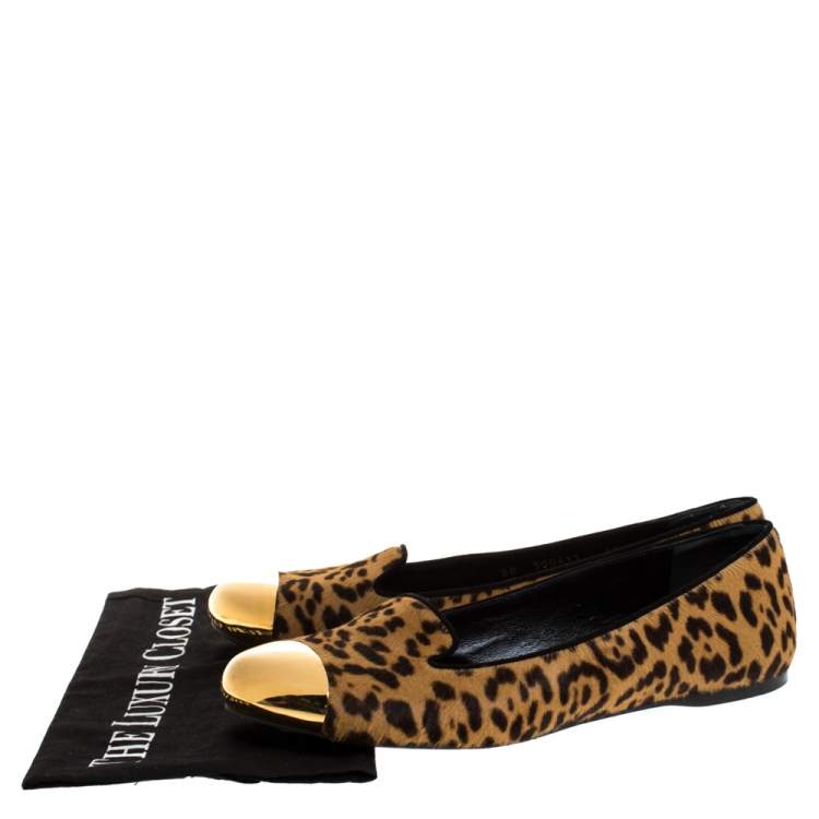 Pre Owned Saint Laurent Leopard Print Pony Hair Metal Cap Toe Smoking Slipper Size 40