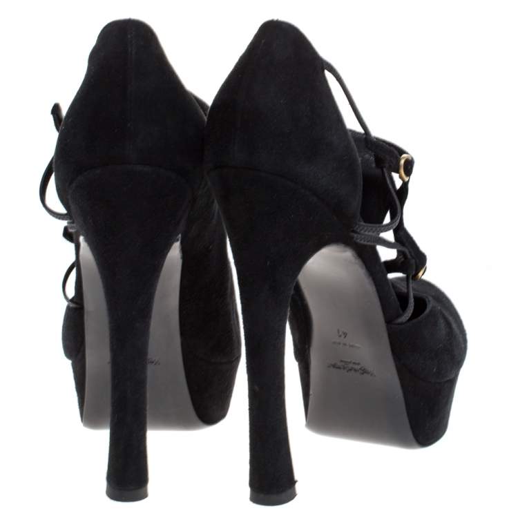 Pre Owned Saint Laurent Paris Black Suede Round Toe Platform Pumps Size 41