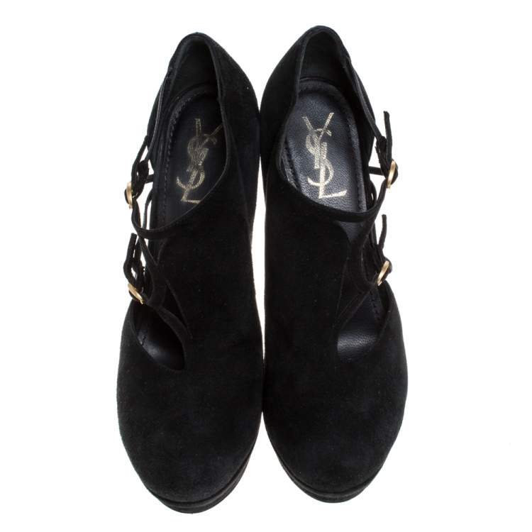 Pre Owned Saint Laurent Paris Black Suede Round Toe Platform Pumps Size 41