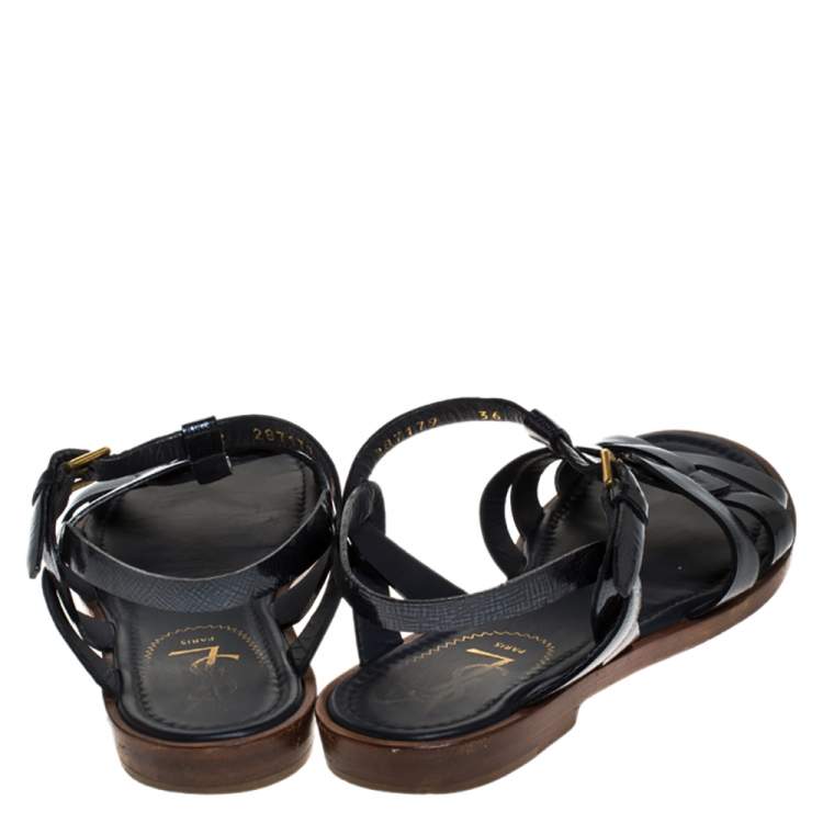 Pre Owned Saint Laurent Paris Navy Blue Patent Leather Tribute Ankle Strap Flat Sandals Size 36