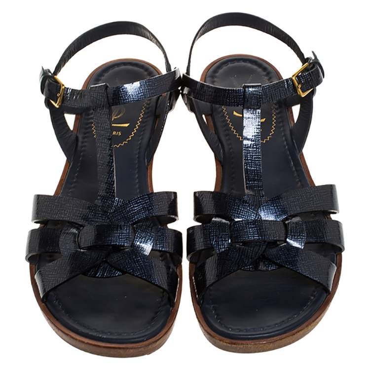 Pre Owned Saint Laurent Paris Navy Blue Patent Leather Tribute Ankle Strap Flat Sandals Size 36