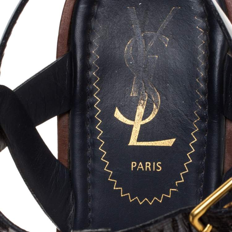 Pre Owned Saint Laurent Paris Navy Blue Patent Leather Tribute Ankle Strap Flat Sandals Size 36