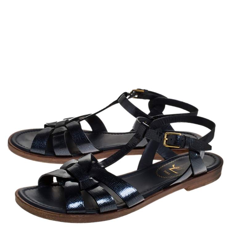 Pre Owned Saint Laurent Paris Navy Blue Patent Leather Tribute Ankle Strap Flat Sandals Size 36
