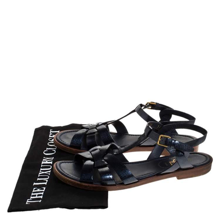 Pre Owned Saint Laurent Paris Navy Blue Patent Leather Tribute Ankle Strap Flat Sandals Size 36