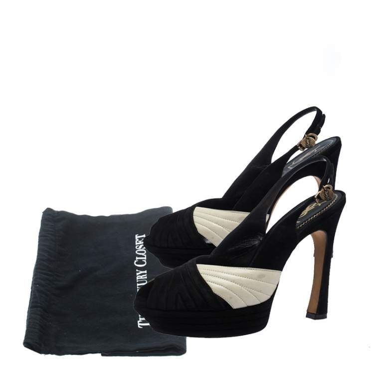 Pre Owned Saint Laurent Black/Cream Suede and Leather Criss Cross Platform Slingback Sandals Size 40