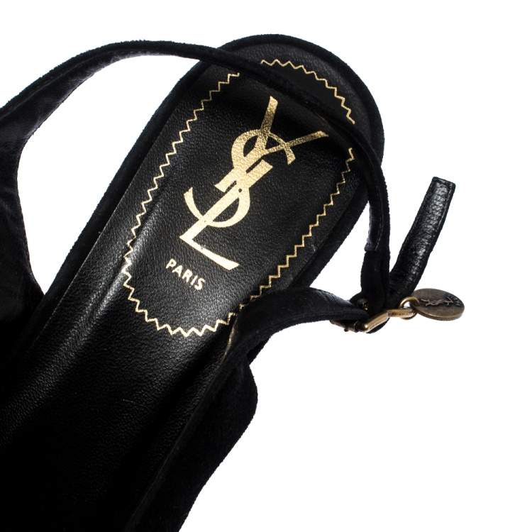 Pre Owned Saint Laurent Black/Cream Suede and Leather Criss Cross Platform Slingback Sandals Size 40