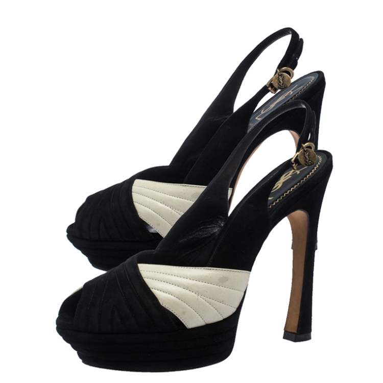Pre Owned Saint Laurent Black/Cream Suede and Leather Criss Cross Platform Slingback Sandals Size 40