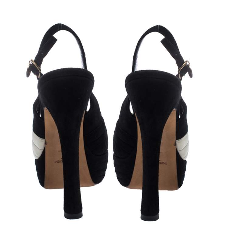 Pre Owned Saint Laurent Black/Cream Suede and Leather Criss Cross Platform Slingback Sandals Size 40