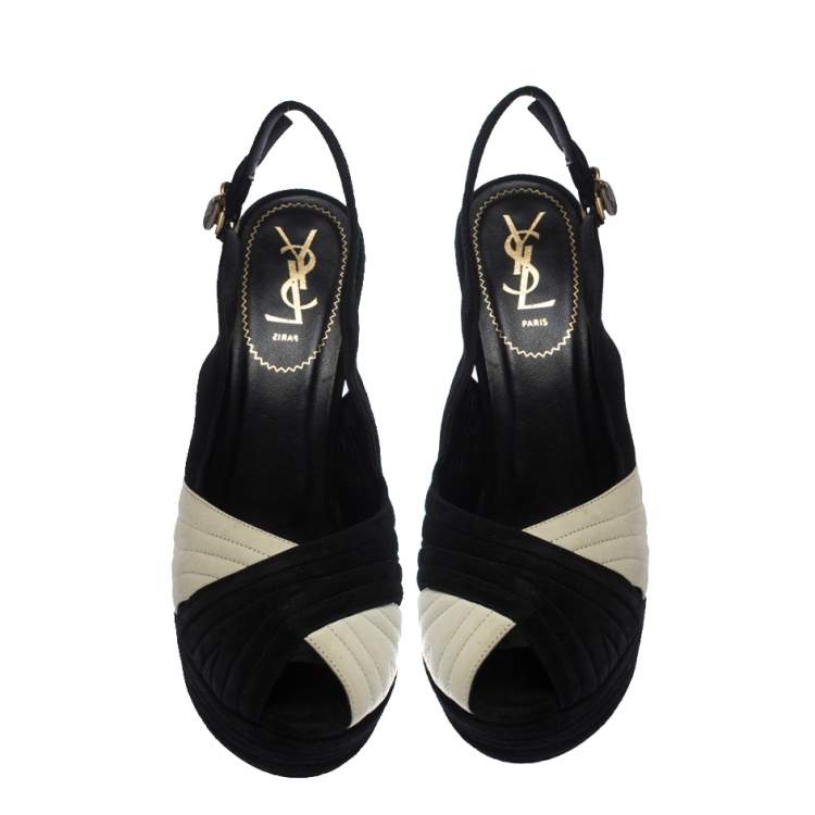 Pre Owned Saint Laurent Black/Cream Suede and Leather Criss Cross Platform Slingback Sandals Size 40