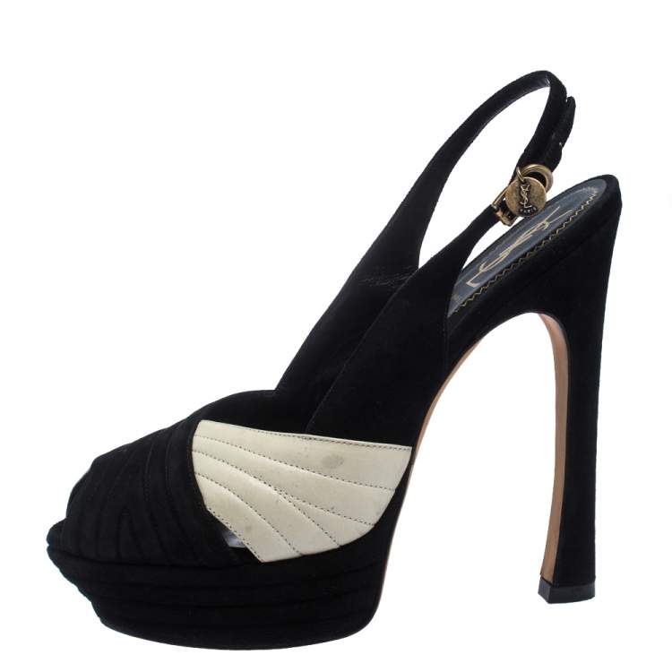 Pre Owned Saint Laurent Black/Cream Suede and Leather Criss Cross Platform Slingback Sandals Size 40