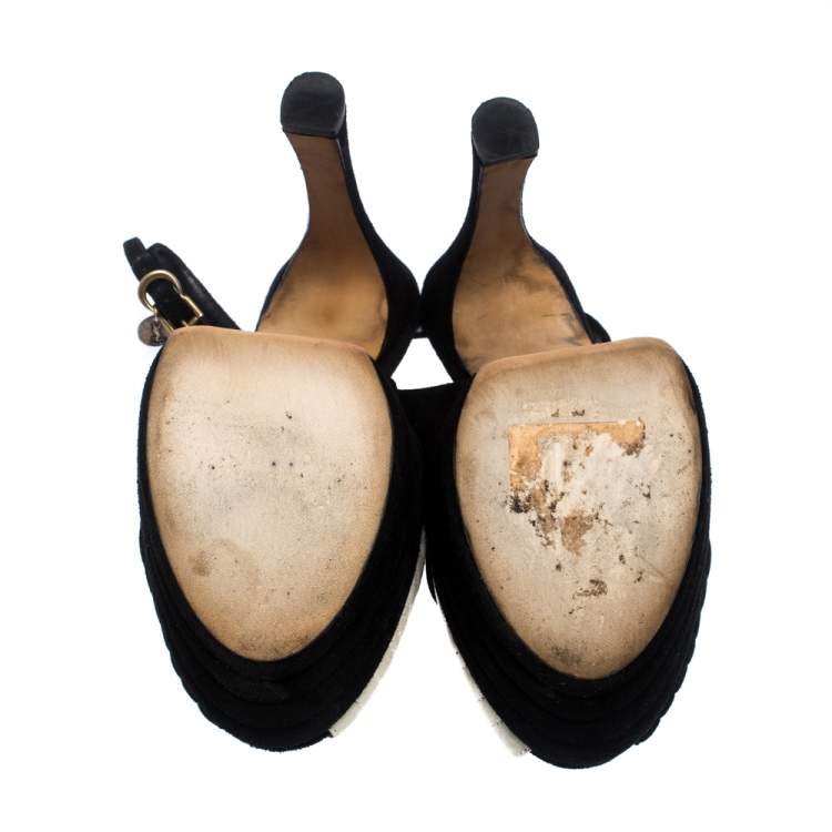 Pre Owned Saint Laurent Black/Cream Suede and Leather Criss Cross Platform Slingback Sandals Size 40