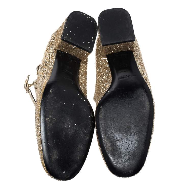 مملوكة مسبقًا Saint Laurent Paris Gold Glitter Mary Jane Block Heel Pumps Size 39.5