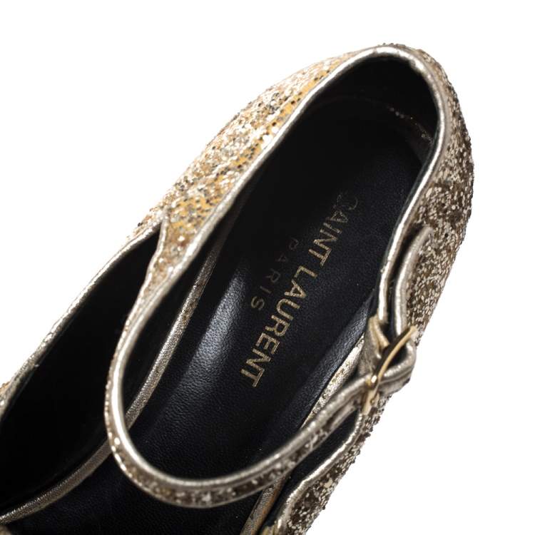 مملوكة مسبقًا Saint Laurent Paris Gold Glitter Mary Jane Block Heel Pumps Size 39.5