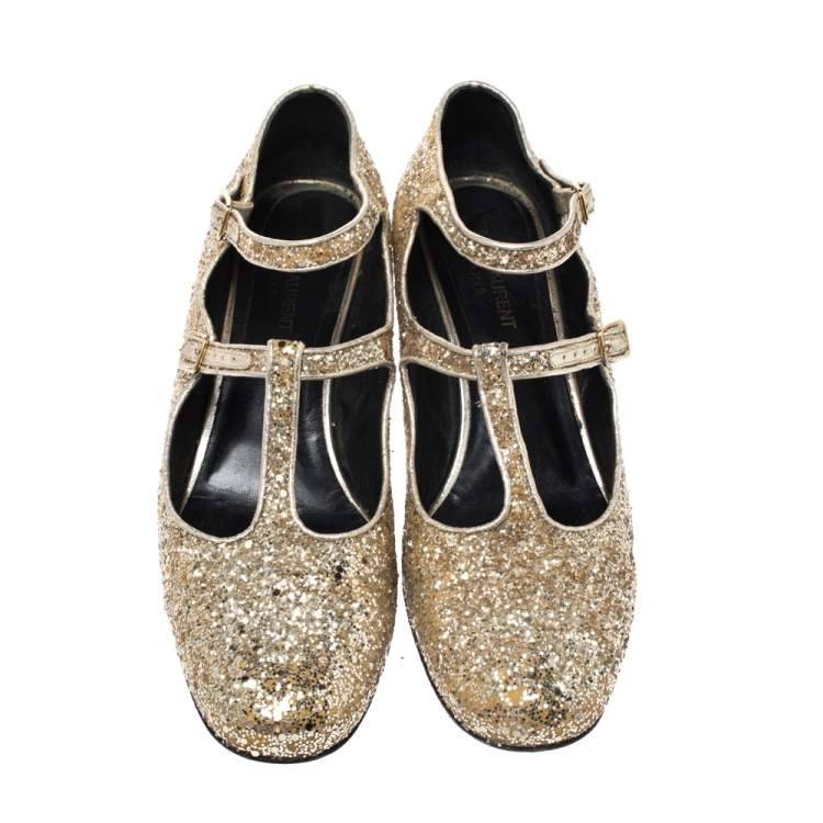 مملوكة مسبقًا Saint Laurent Paris Gold Glitter Mary Jane Block Heel Pumps Size 39.5