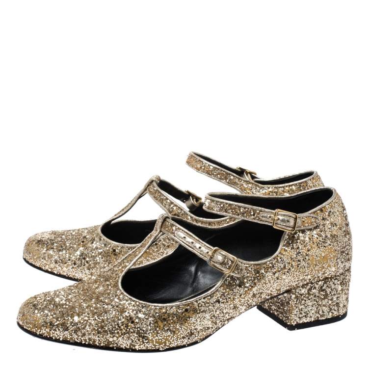 مملوكة مسبقًا Saint Laurent Paris Gold Glitter Mary Jane Block Heel Pumps Size 39.5